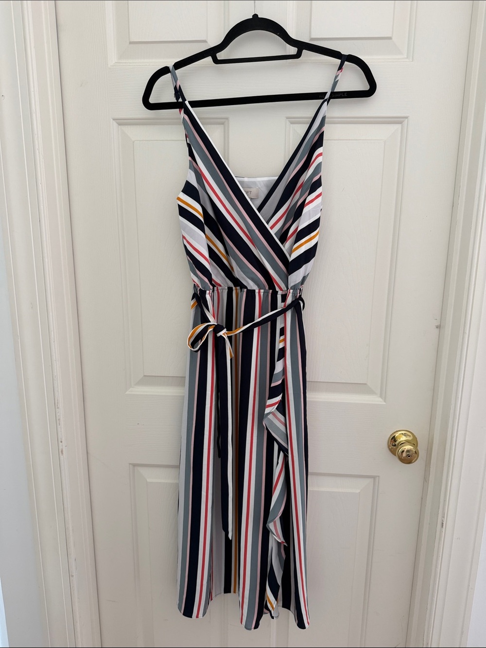 LOFT Multi-Stripe Spaghetti Strap Midi Dress - Navy, White, Pink & Gold
